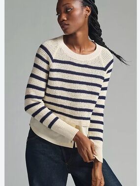 ANTHROPOLOGIE MAEVE Layered Pullover Knit Sweater Navy Blue Cream Size Small